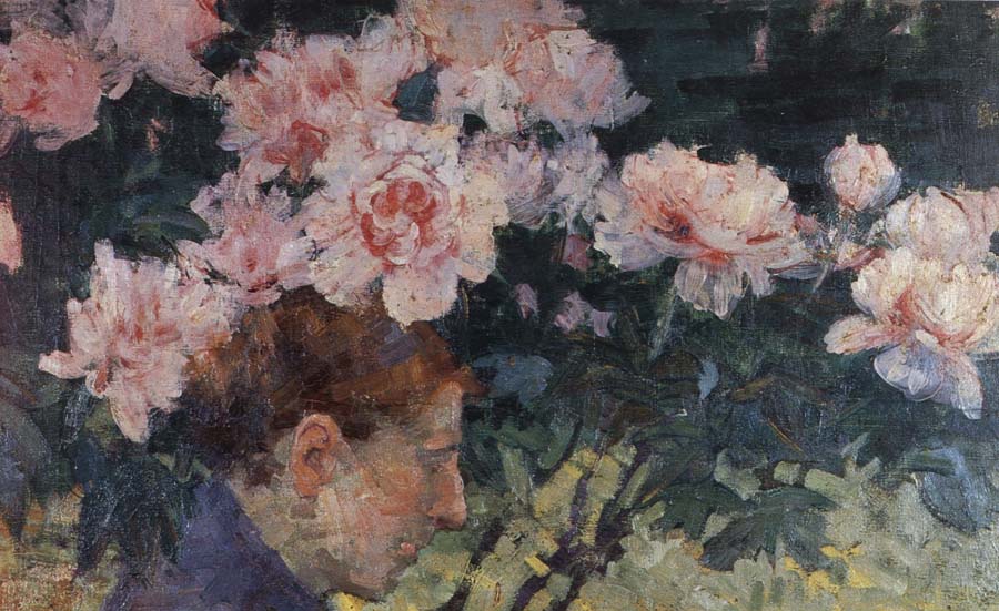 Rhododendrons and head of a woman